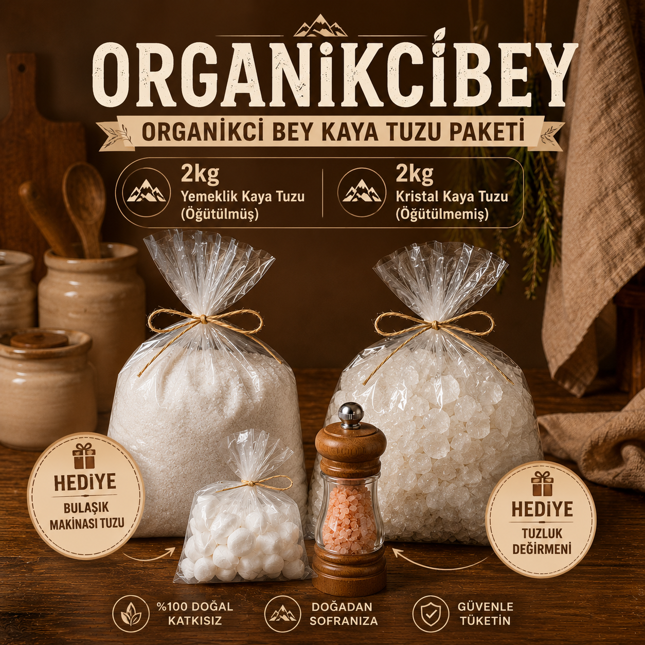 Organikcibey 4 KG Kaya Tuzu Paketi (2 KG Öğütülmüş + 2 KG Kristal) + Hediyeli